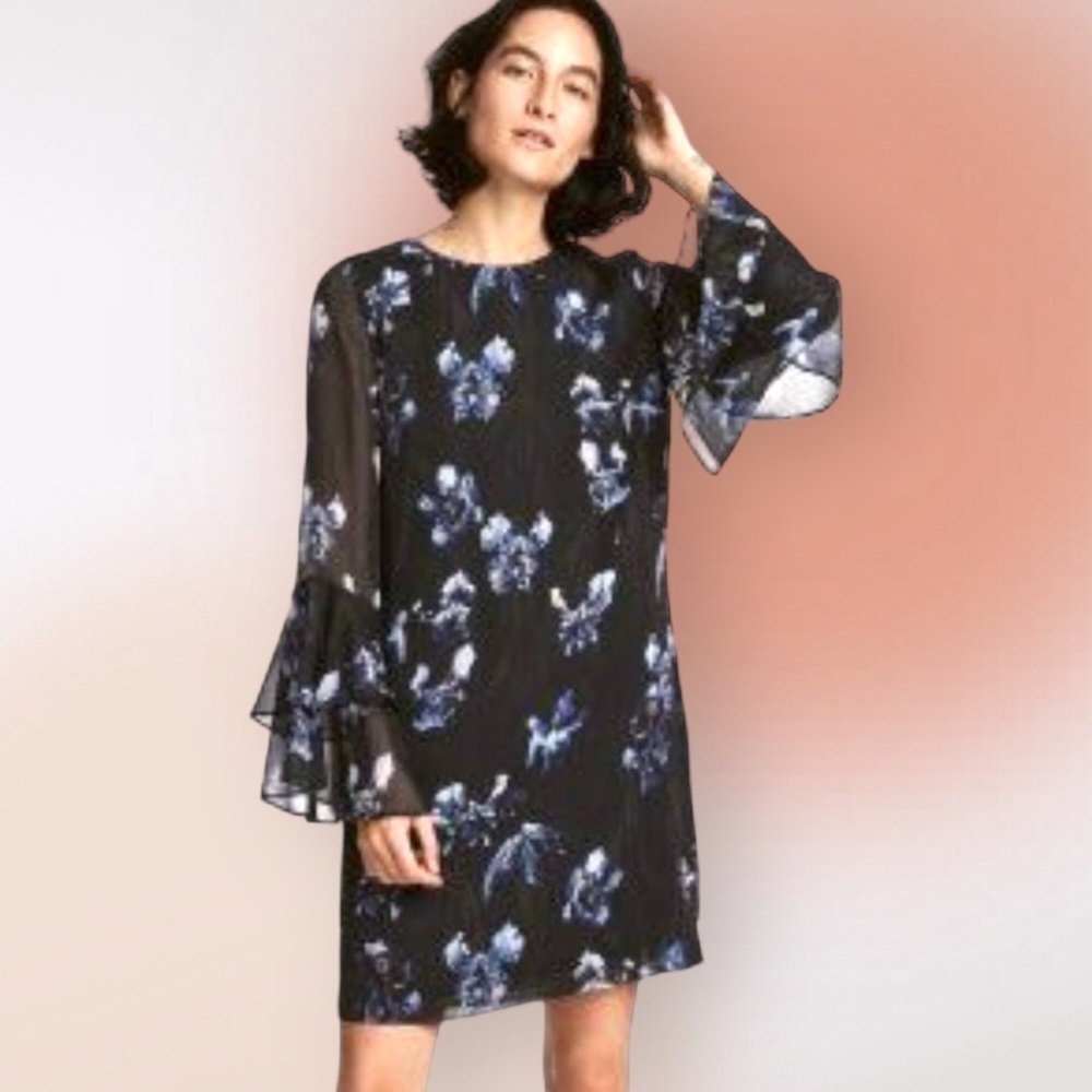 H&M Black Floral Shift Style Dress with Ruffled Flounce Sleeves Size 2